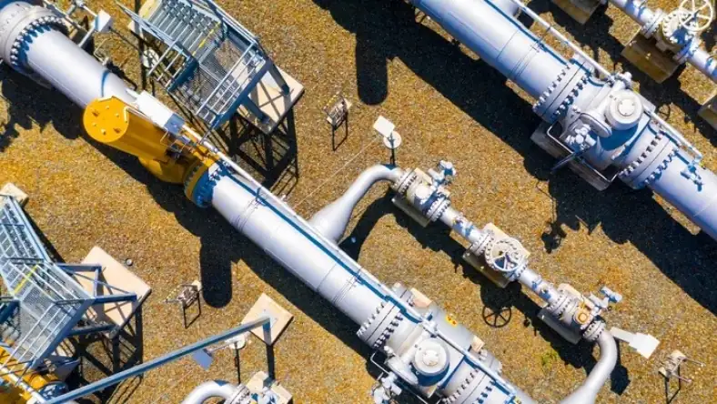 Aerial view of CO₂ pipeline infrastructure with control valves